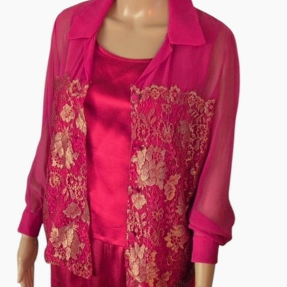 Vintage 1980s Alfred Sung Silk Two-Piece Lace Overlay Top Set – Size 4 - Picture 3 of 12